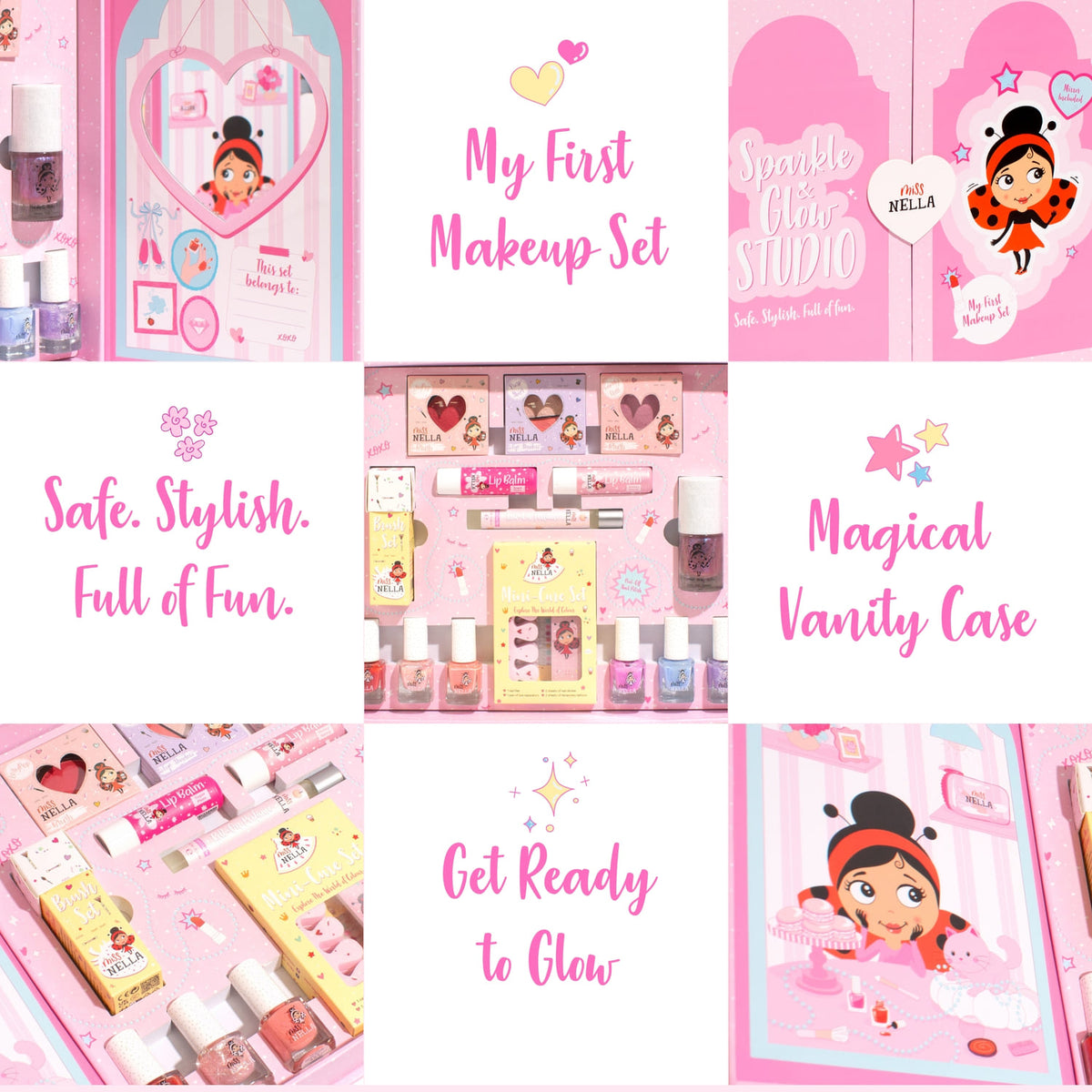 Sparkle & Glow Studio Schminkset für Kinder – Collage mit Produkten und Koffer