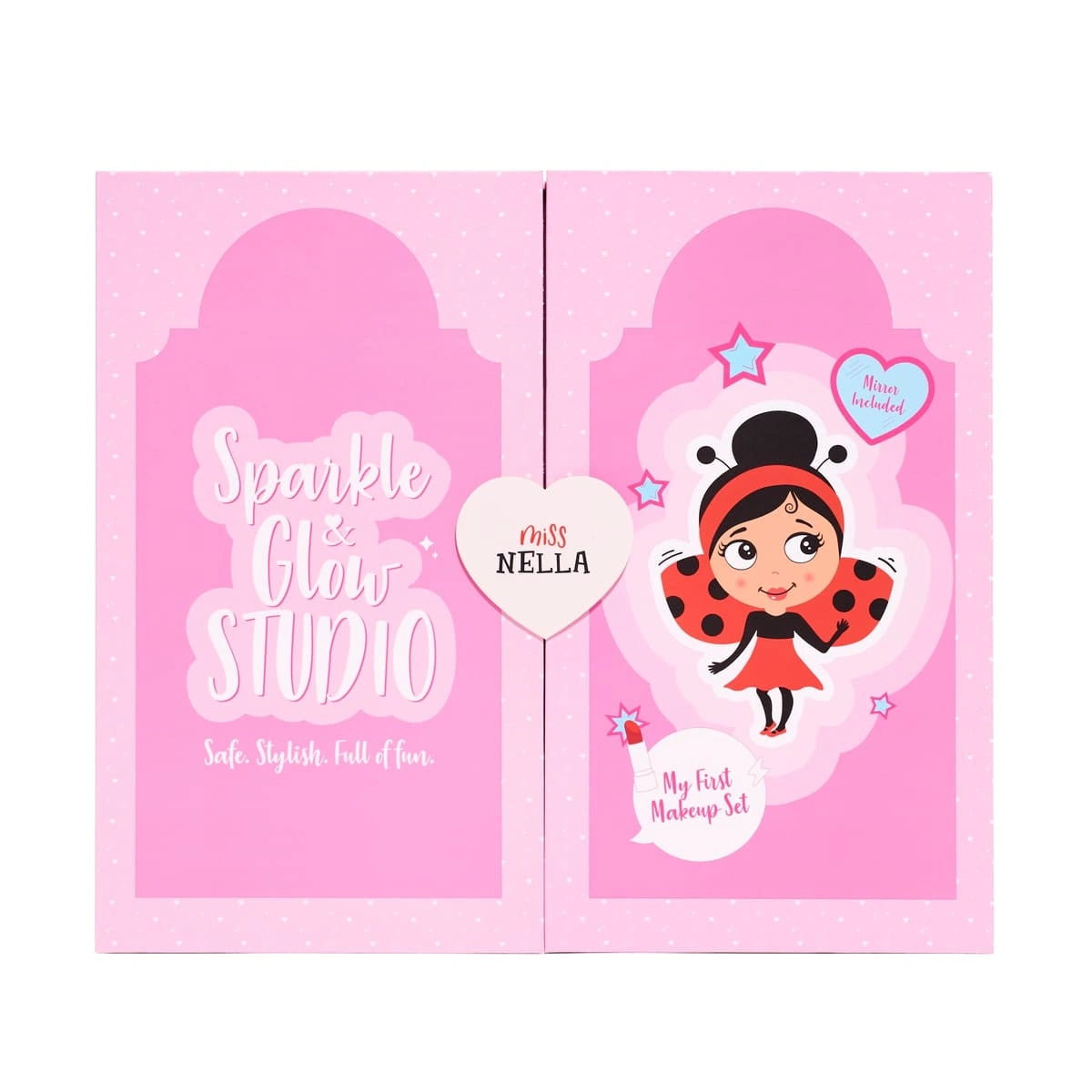 Sparkle & Glow Studio geschlossen: rosa Schminkkoffer mit zwei Türen und Marienkäfer-Motiv