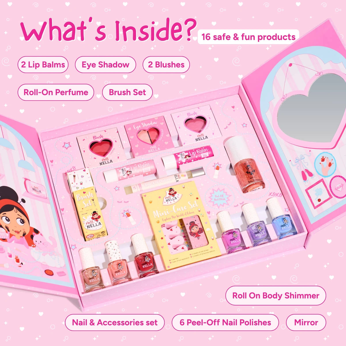 Inhalt des Sparkle & Glow Studio: Lippenbalsame, Lidschatten, Rouge, Roll-On-Parfüm, Pinselset, Body Glitzer, Spiegel und sechs abziehbare Nagellacke